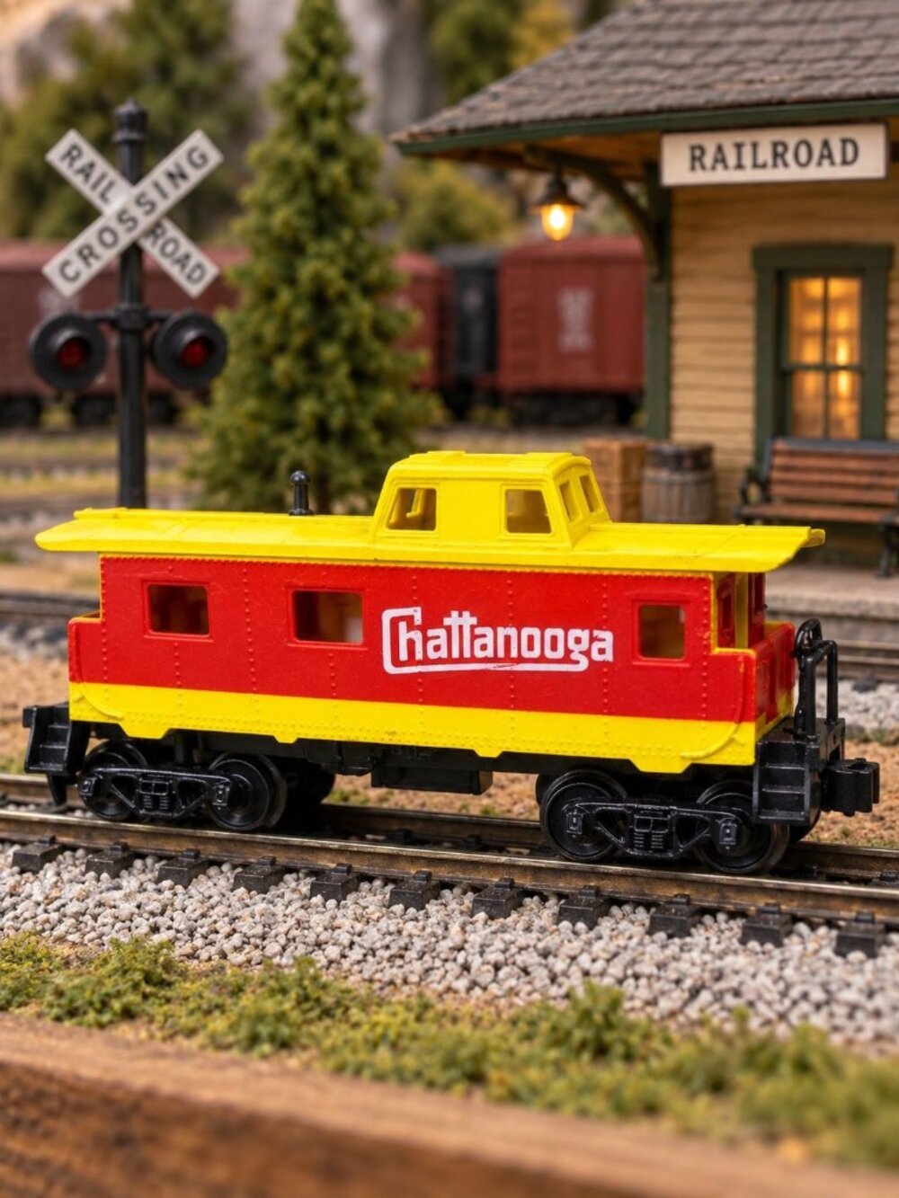 Vintage 90s Tyco Chattanooga Caboose Train Car Model Yellow Red Christmas